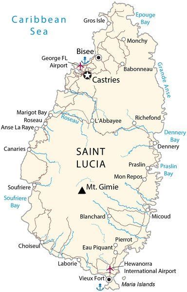 Map of Saint Lucia showing major cities, towns and geographical features